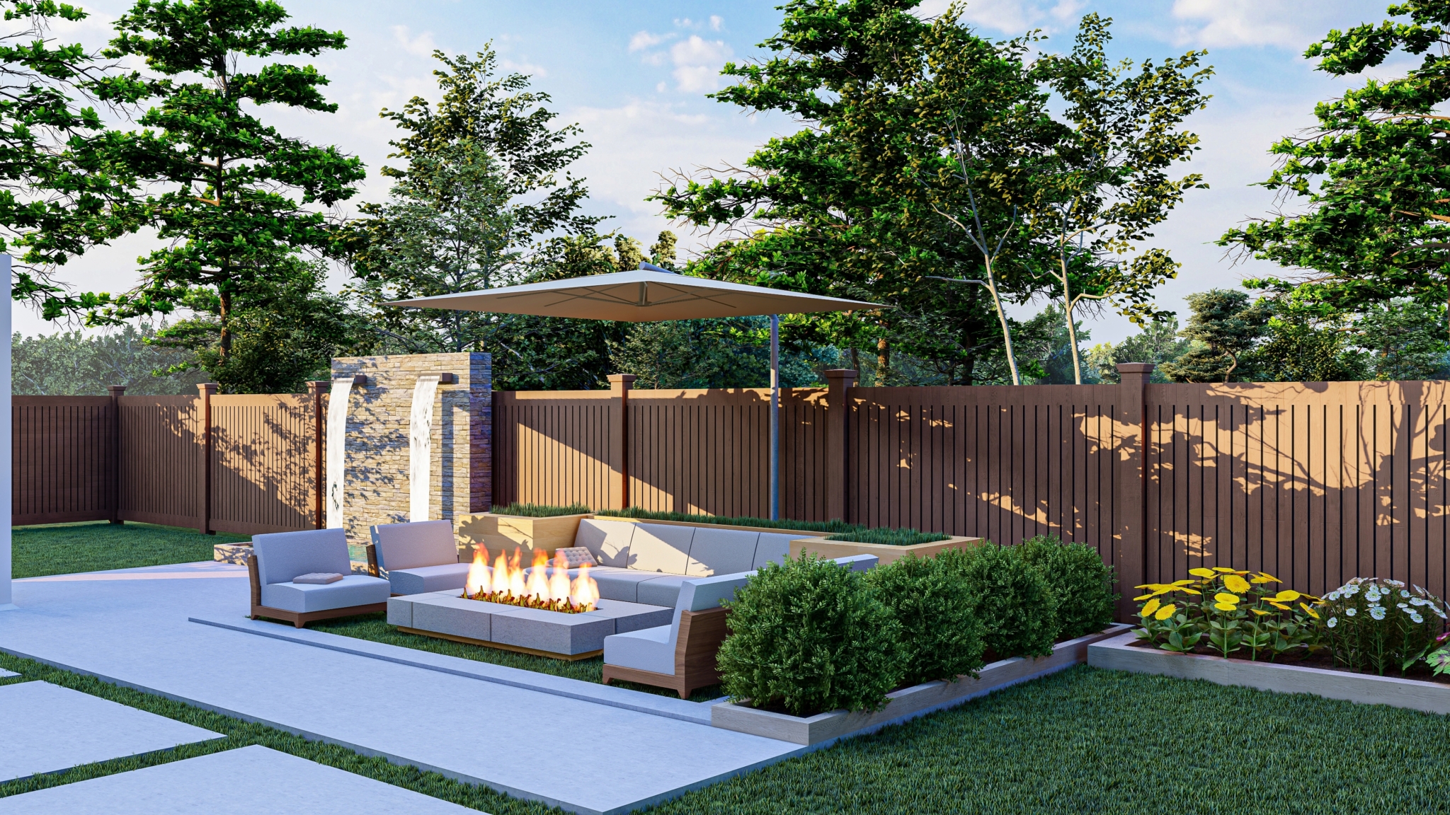 3d,Rendered,Of,A,Backyard,With,Modern,Fire,Pit,,Hot