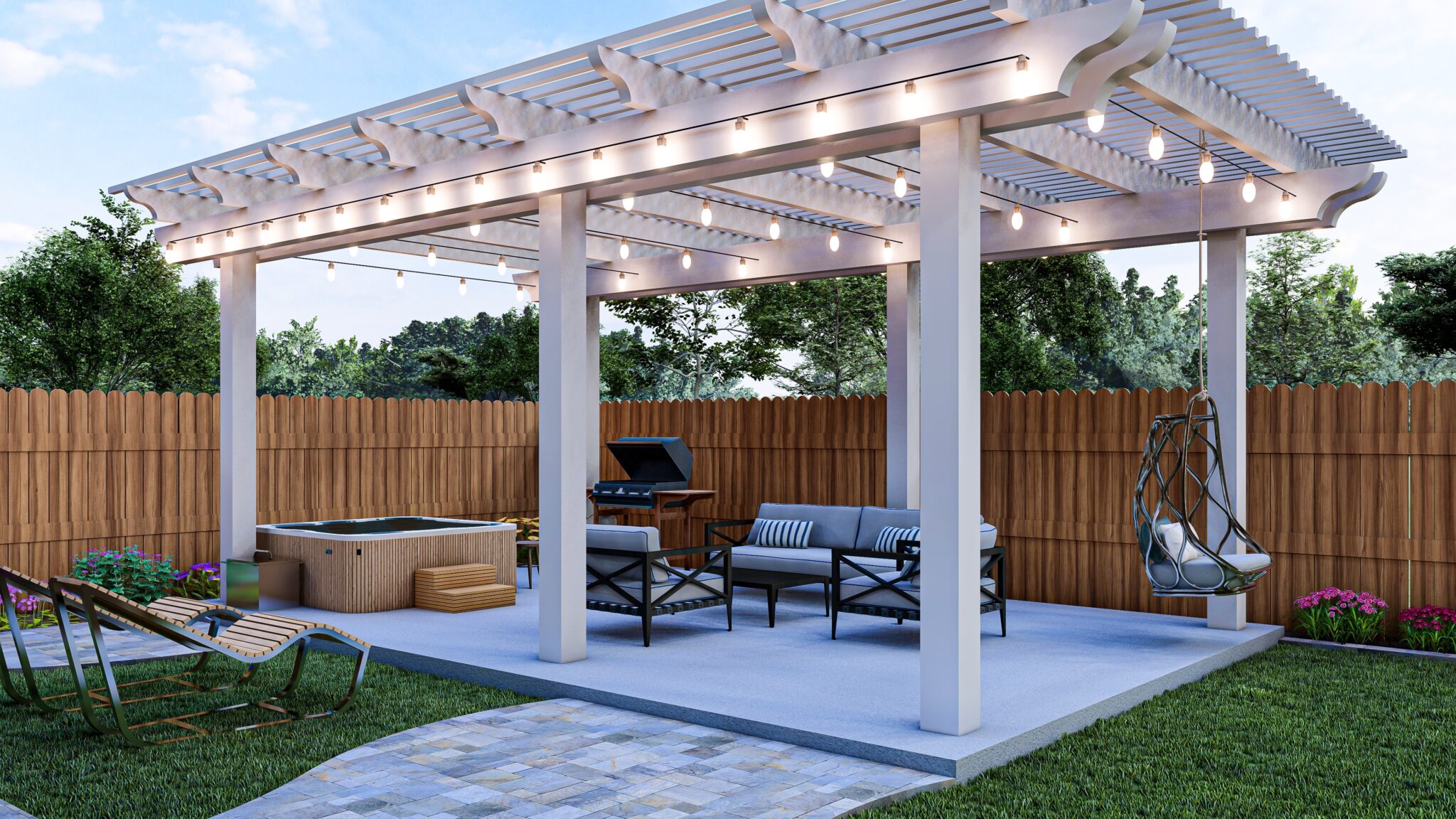 3d,Rendered,Of,A,Small,Backyard,Patio,With,Pergola,And