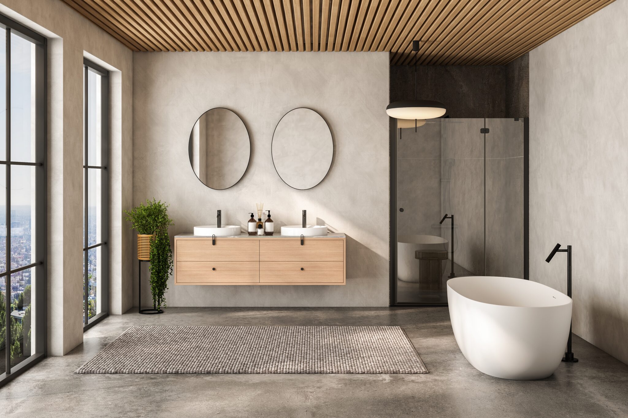 Modern,Beige,Bathroom,Interior,With,Double,Sink,And,Mirrors,,Carpet