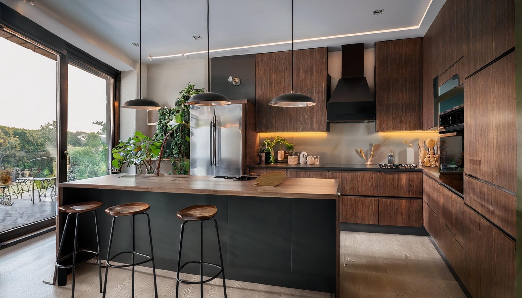 Stylish,Home,Kitchen,Interior,With,Bar,Island,And,Cabinet,,Refrigerator