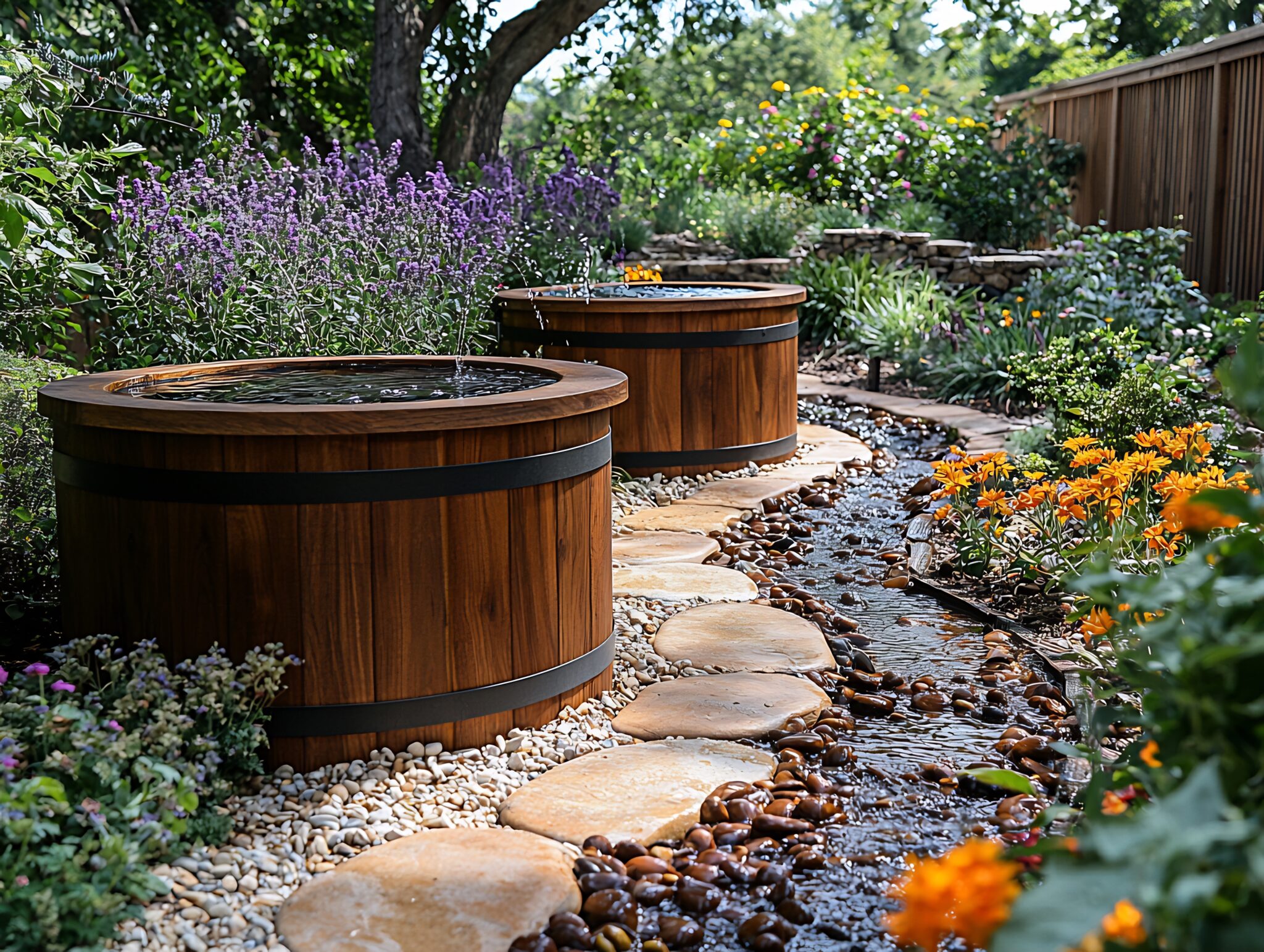 Ecoconscious backyard with native plants rain barrels and solarpowered lighting surrounded by sustainable wooden fences