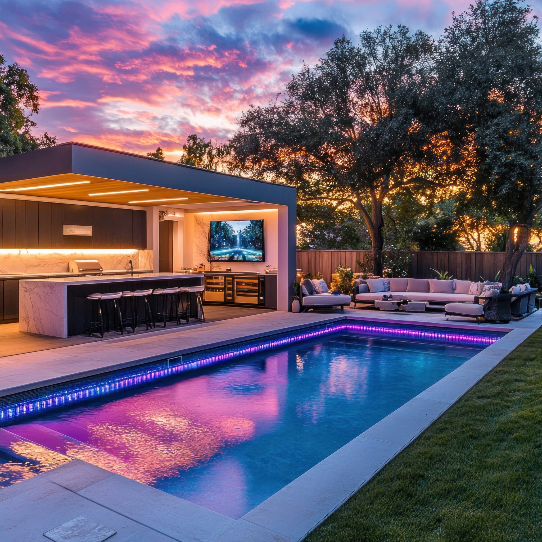 A chic backyard setup with an outdoor kitchen, a rectangular pool with underwater lights, and a lounge area framed by sunset hues and bright lighting --v 6.1 Job ID: 363c7cec-1f8e-402c-80f8-14f94b4f5e3a